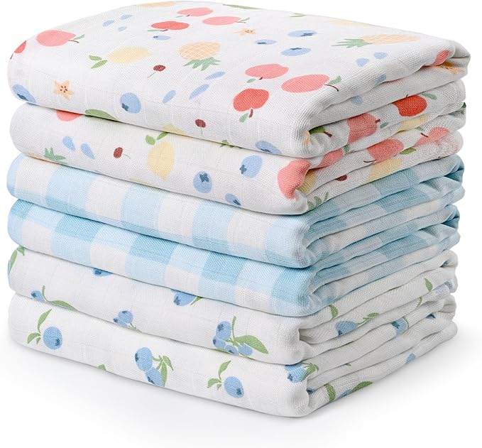 GLLQUEN BABY Receiving Blanket Boy Cotton Muslin Swaddle Blankets Girl Newborn Squares Breathable & Soft Thin Baby Blankets Cloths Double Absorbent Infant Swaddling Wrap - 6 Pack (Azure Berry Dream)