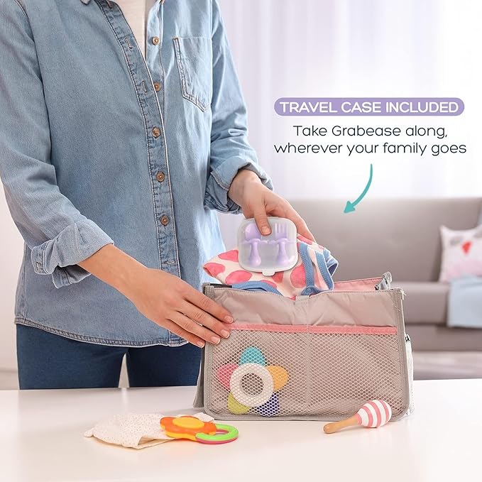 Grabease Baby Feeding Utensil Set - Ergonomic Self-Feeding & Toddler Spoon & Fork - Sturdy Plastic Training Silverware for Toddlers - Travel Pouch & Silverware for 1-Year-Olds - Lavender, Pack of 1