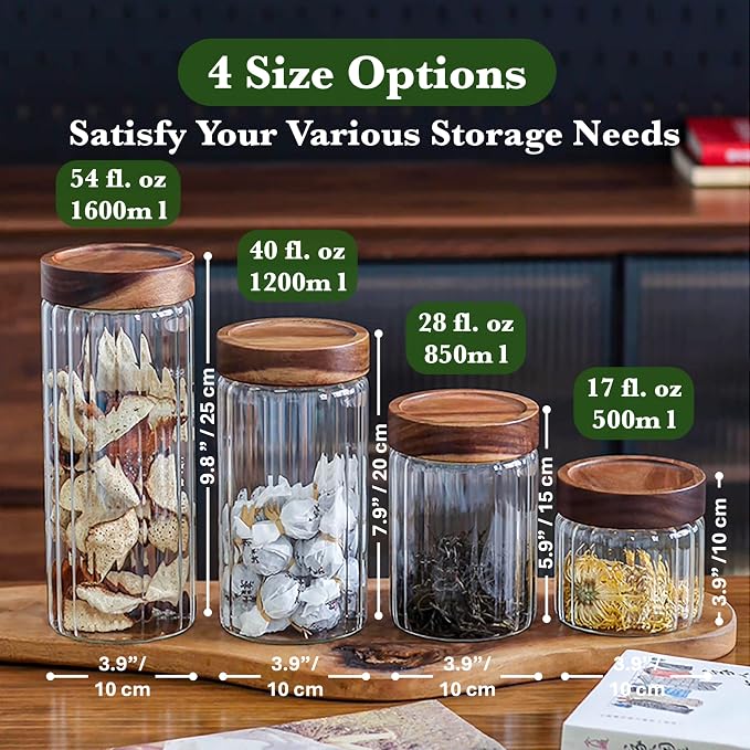 Decorative Borosilicate Glass Jar with Screw Top Airtight Wooden Lid, 28 oz/850ml Leak Resistant Food Storage Canister, Wide Mouth Container for Coffee Cookie Candy Overnight Oats Sourdough Starter