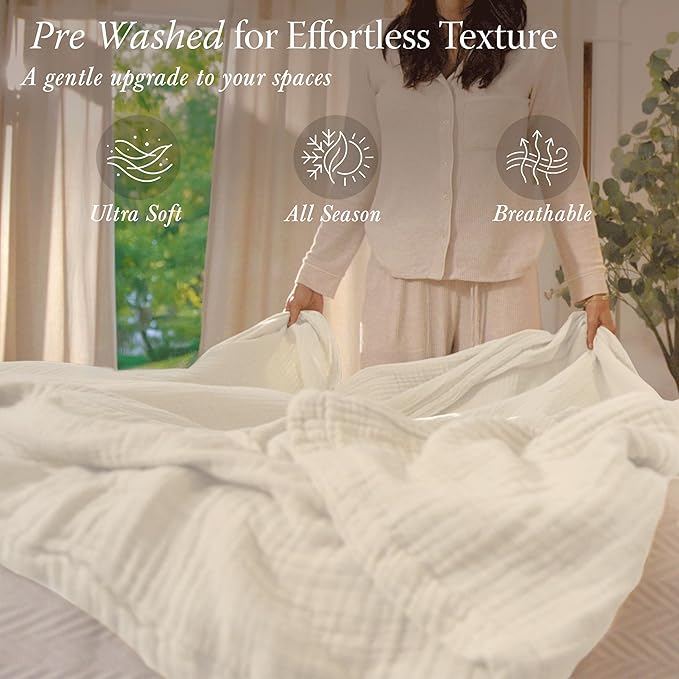 Threadmill King Size Muslin Blanket |Pre Washed 4 Layer Lightweight Gauze for All Seasons | Soft, Breathable, and Cozy Picnic Blankets| Pre Washed Summer Blanket Fits Cal King Size Bed | Natural