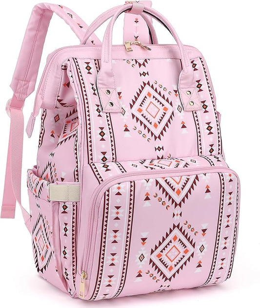 Boho Diaper Bag Backpack for Mom Dad, Multifunctional Bohemia Baby Nappy Backpack with Stroller Straps Insulated Pockets (Pink)