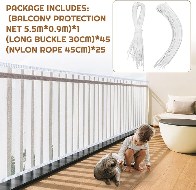 Hosuly Banister Guard 18 x 3 ft Balcony Netting for Kids Pets Stairway Safety Net Baby Fence Door Balcony Netting Safety Mesh Stair Net with No Drilling for Apartment Railing(White)
