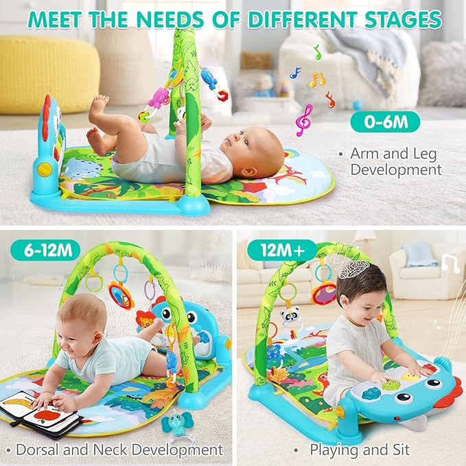 UMIKU Baby Play Mat Baby Tummy Time Mat Musical Activity Center for Infant with High-Contrast Piano Music & Light Newborn Babies Gifts for Boy Girl Babies 0-6 6-12 Months Dinosaur Style