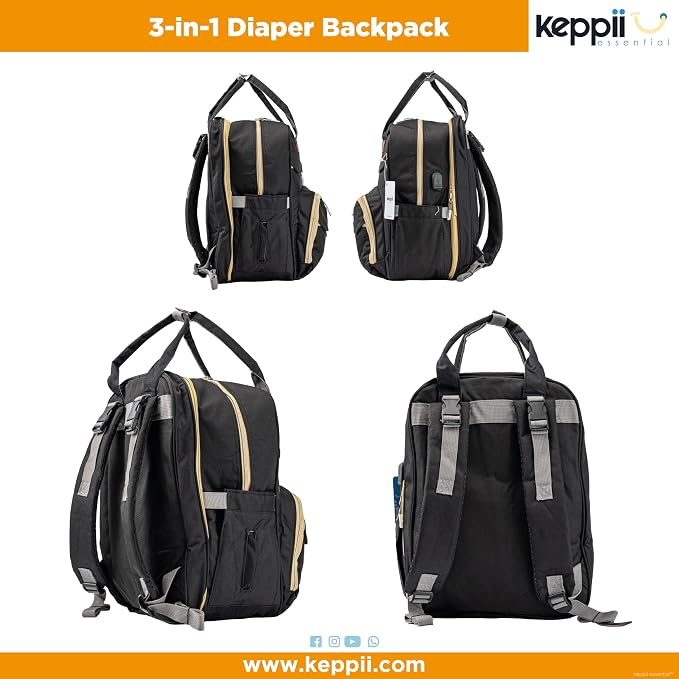 keppii essential™ 3-in-1 Diaper Backpack – Waterproof, USB Port, 16 Pockets & Changing Station | CPC Certified (Black)