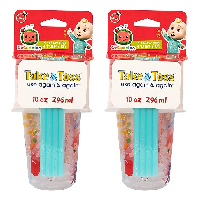 The First Years Cocomelon Take & Toss Toddler Straw Cups - Spill Proof Toddler Sippy Cups with Snap On Lids and Straws - Kids Feeding and Party Supplies - 10 Oz - 8 Count