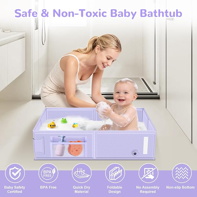 Collapsible Baby Bathtub, Foldable Toddler Bath Tub with Chick Pattern Bath Rinse Cup, No Assembly Portable Travel Bathtub for 6M-5Y, Ideal for Shower, Travel Essentials & Baby Registry Gift