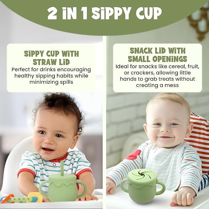 Baby Feeding Essentials, Baby Led Weaning Supplies, Silicone Baby Feeding Set, with Baby Spoon, Fork, Baby Bib, Sippy Cup, Suction Plate, Suction Bowl, Baby Eating Essentials, 6+ Months (Olive)