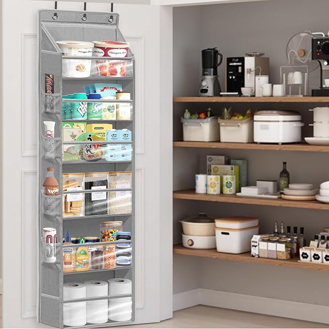 Over Door Organizer with 6 Extra Large Pockets 12 Side Pockets, Sturdy Closet Storage Rack, Hanging Storage Organizer with Clear Window for Shoes, Diapers, Bedroom, Bathroom, Grey, 3-Pack