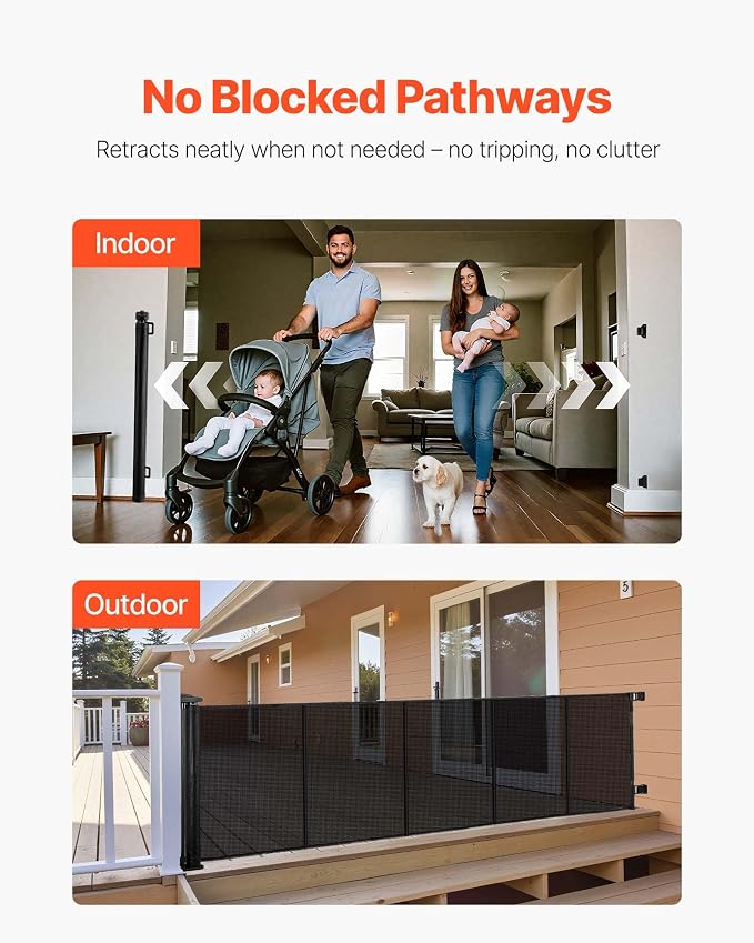 VEVOR Retractable Baby Gate, Extends to 122 inch Extra Wide, 31.3 inch Tall, with Reinforced Fiberglass Strips, Avoids Crawling Through, Mesh Dog Gate for Decks, Doorways, Garages, Indoor, Black