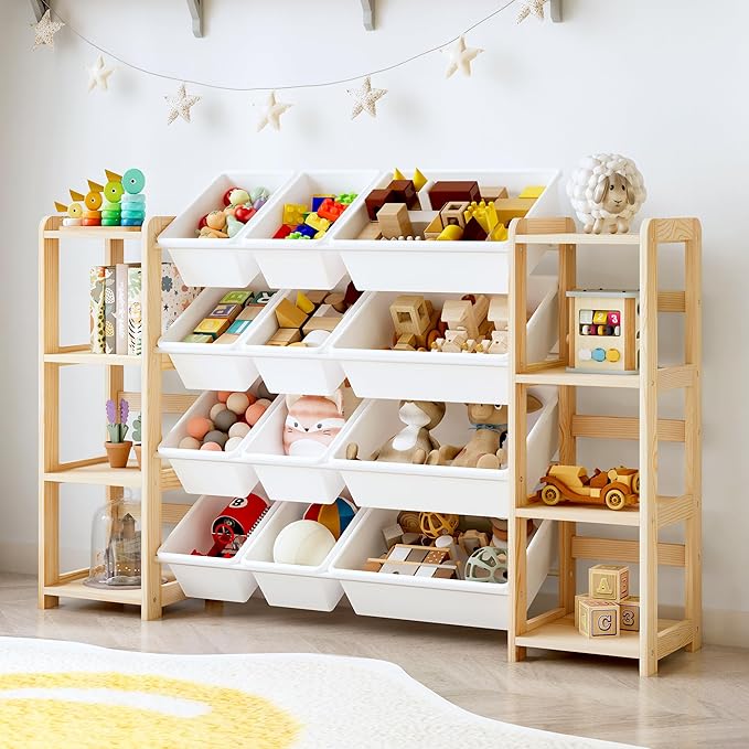 MallBest Extra Wide Toy Storage Organizer with 12 Bins and Dual Bookshelves ??Solid Pine Wood Kids Toy Shelf and Bookcase for Bedroom, Nursery, or Montessori Playroom, (Natural)