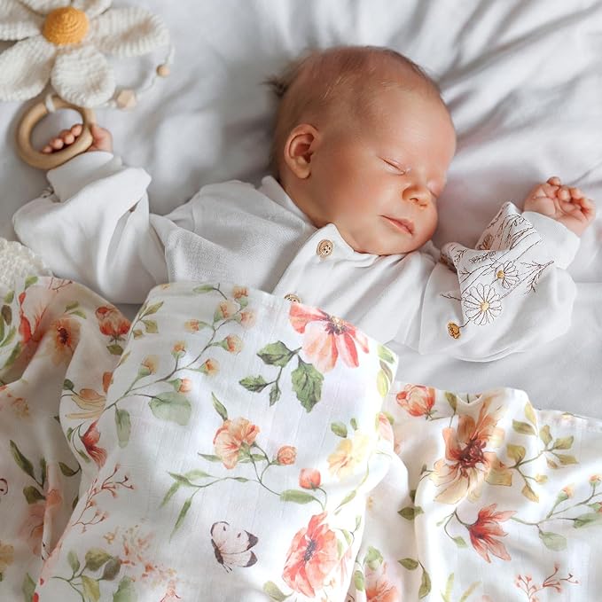 LifeTree Baby Muslin Swaddle Blankets for Boys & Girls, Newborn Swaddle Set with Matching Headband Bow, Infant Blanket Wrap, 47 x 47 inches, Butterfly Floral, 70% Viscose from Bamboo and 30% Cotton