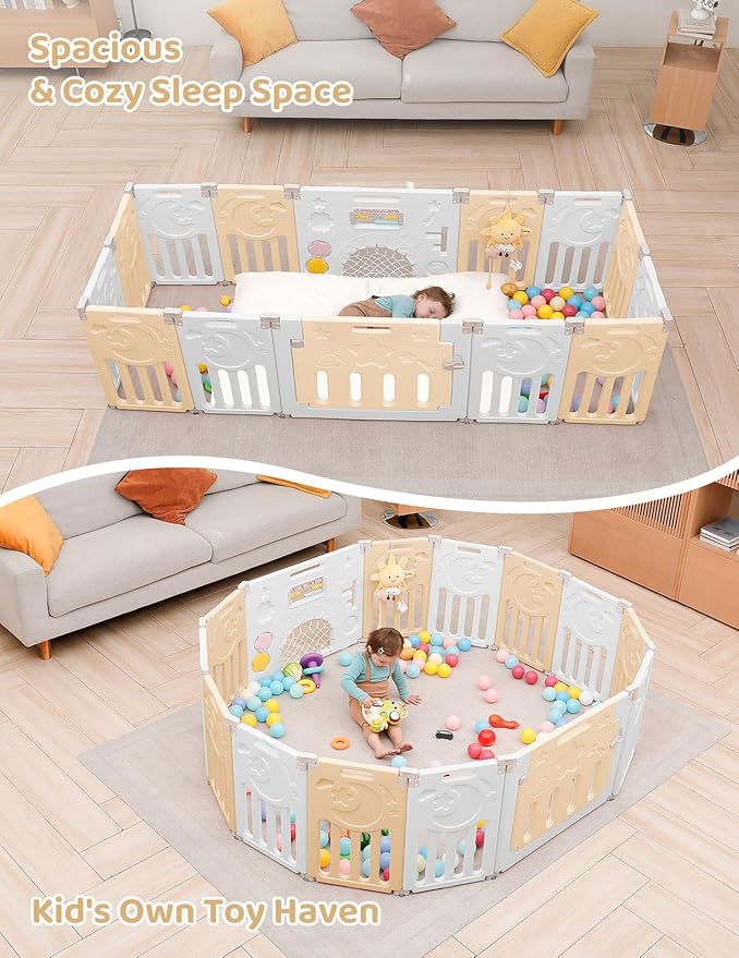 Baby Playpen, Dripex Baby Playard for Babies and Toddlers, 14-Panel Foldable Playpen Adjustable Portable Play Area, Indoor/Outdoor Kids Active Center with Game Panel & Safety Gate, Yellow White