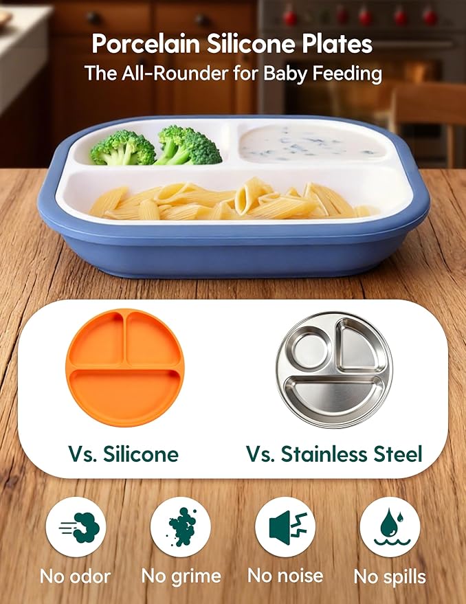 Babelio 8'' Toddler Porcelain Plates with Silicone Suction Sleeves, Lead & BPA Free, Divided, Microwave & Dishwasher Safe, Stay Put, Suitable for Kids, 3 Pack