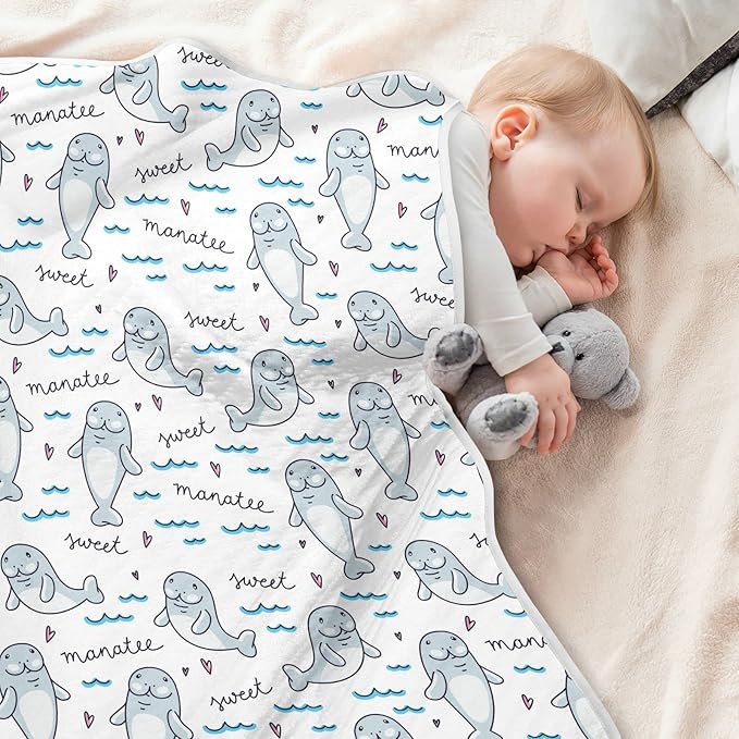 Ollabaky Cartoon Manatee Baby Blanket for Boys Girls Cotton Throw Blanket Swaddle Blanket for Crib Stroller Nursery Receiving Blanket Infant Toddler Unisex 30"x40"