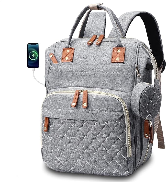 Black Diaper Bag Backpack, Multifunctional Waterproof Mommy Bag with Changing Pad, USB Port, Stroller Straps, Large Capacity Baby Travel Bag (grey)