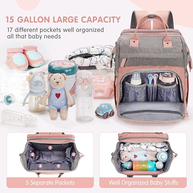 DERJUNSTAR Diaper Bag Backpack ??Large Capacity Baby Diaper Bag with Changing Pad for Dad and Mom, Waterproof Travel Backpack, Multi-Function Bag with USB Charging Port, Rose Pink