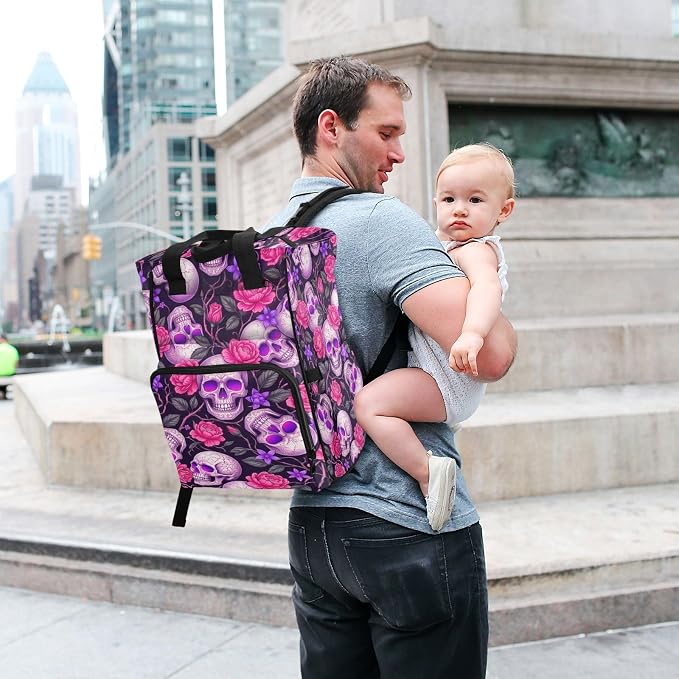 Neon Purple Skull Diaper Bag – Stroller Straps, Unisex Gift for Mom Dad