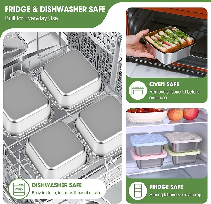 2 Pack Stainless Steel Sandwich Containers with Leakproof Silicone Lids, 32 oz Reusable Metal Lunch Boxes, BPA-Free Food Storage Containers for Meal Prep, Dishwasher Safe for Work & Travel