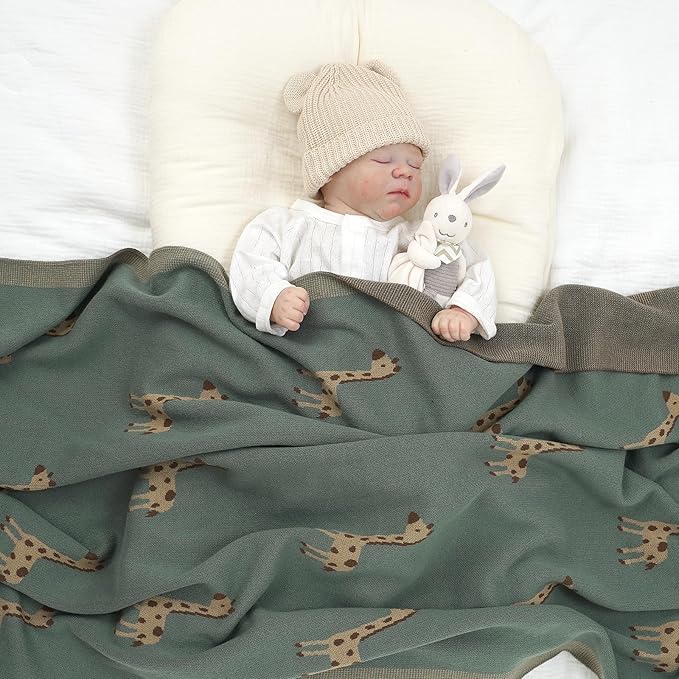 Opewod Soft Cotton Knit Baby Blanket with Cute Deer Print 40x30in Newborn Receiving Blanket Swaddle Cuddle Blanket for Crib, Stroller, or Nursery for Infants & Toddlers Dark Green