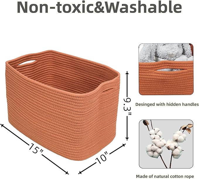 Cotton Rope storage Basket Bins Woven Basket for Organizing Shelves 15X10X9.3" Rectangle Decorative Baskets For storage Clothes Toys Books Towels Nursery basket organizer 3 pack Rust