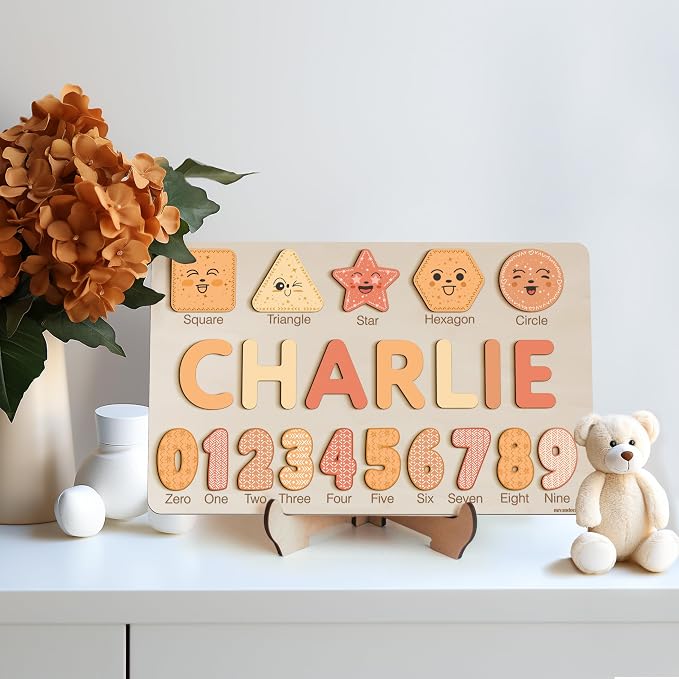 Wooden Name Puzzle Personalized with Numbers & Shapes for Kids 1-3 | 11 Color Themes | Handmade Montessori Toy, Keepsake Decor & Ideal 1st Birthday Gift