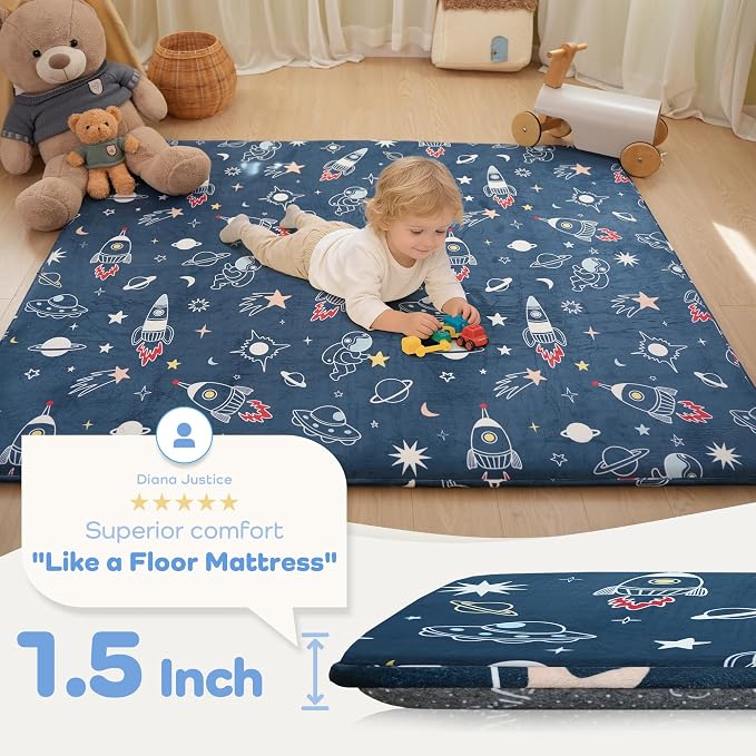 1.5" Thick Premium Baby Floor Play Mat, 71x79 Over-Sized Padded Memory Foam Mat, Tummy Time Crawling Playmat for Nursery Kids Playroom, Space Adventure