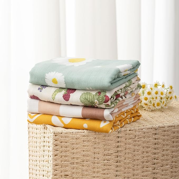 BabyWhale Swaddle Blankets for Baby Girl, 2-Pack Super Soft Viscose Bamboo Cotton Muslin Swaddles Blankets (Large 47" x 47"), Floral & Little Daisy Pattern, Newborn Baby Registry