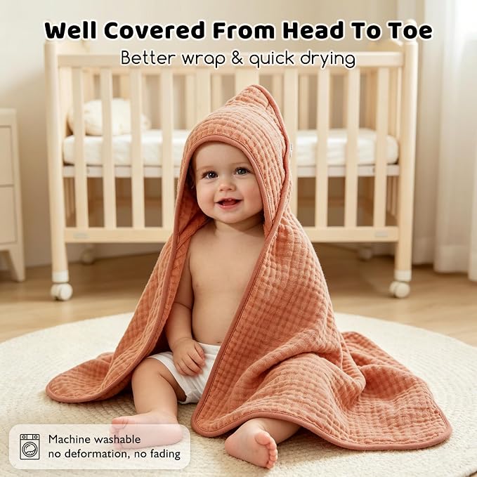Hooded Baby Bath Towels 2 Pack 32x32 Inch, 100% Cotton Soft & Highly Absorbent, Pink & Linen Neutral Colors, Baby Towel Set with Wash Mitts, Gentle for Newborn, Infant & Toddler