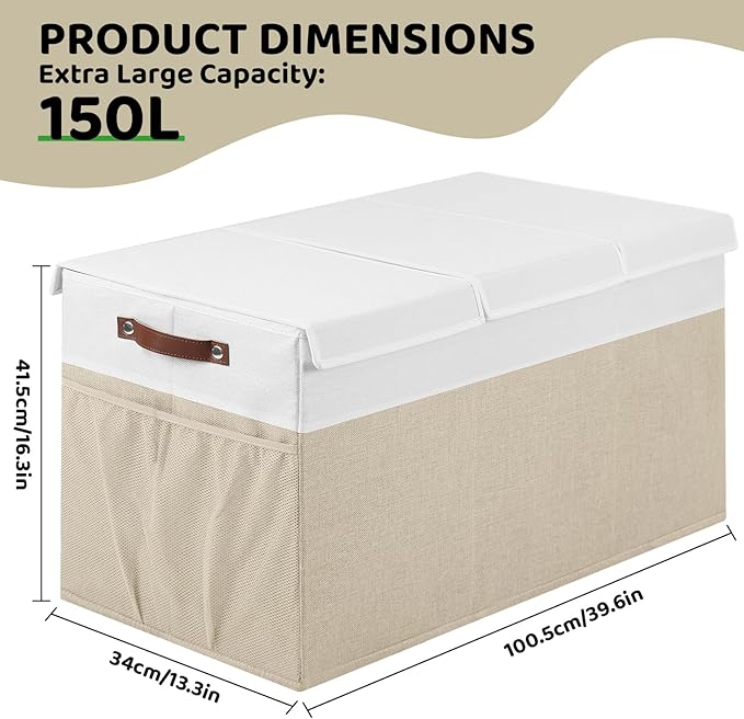 Extra Large Foldable Toy Chest with Lid,Collapsible Kids Toy Storage Box Organizer,Large Fabric Storage Bin for Nursery Playroom Bedroom Living Room,40?�x18?�x14??White & Beige