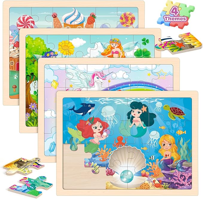 Puzzles for Kids Ages 4-6, 4 Packs Wooden Jigsaw Puzzles for Toddlers 2-4, Princess Unicorn Mermaid Fairy Preschool Educational Puzzles Boards Toys Gifts for Girls Boys 3 4 5 6