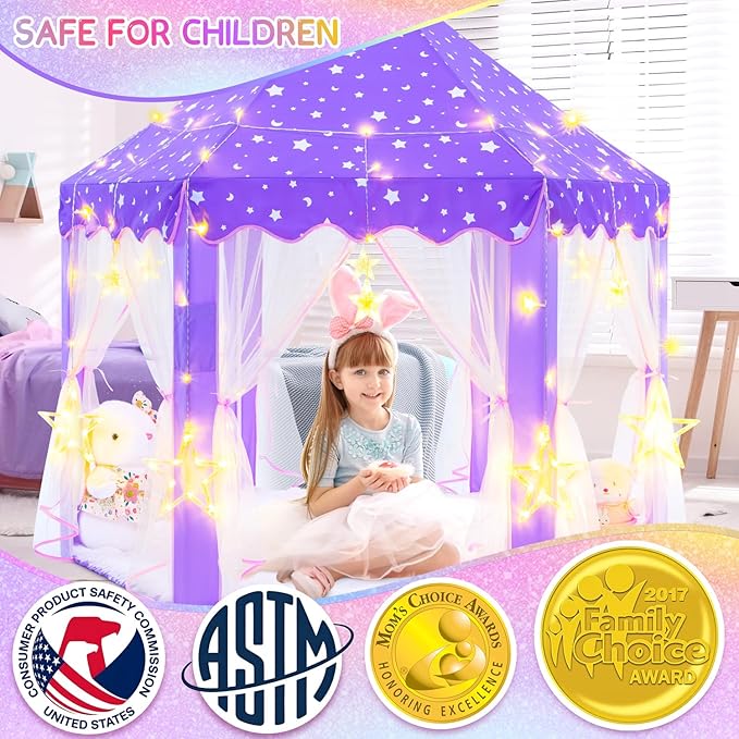EVOIONOS Purple Princess Tent for Girls, Kids Play Tent with Large Star Lights, Castle Playhouse for Children Indoor Outdoor Games, 55 x 53 inches
