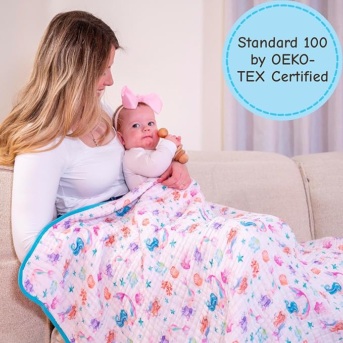 LollyBanks Muslin Baby Quilt, 6-Layer 100% Organic Cotton Baby Blanket for Girls, Soft and Breathable Toddler Quilt, Lightweight Infant Blanket for Crib or Stroller, Newborn Essentials (Mermaid Print)