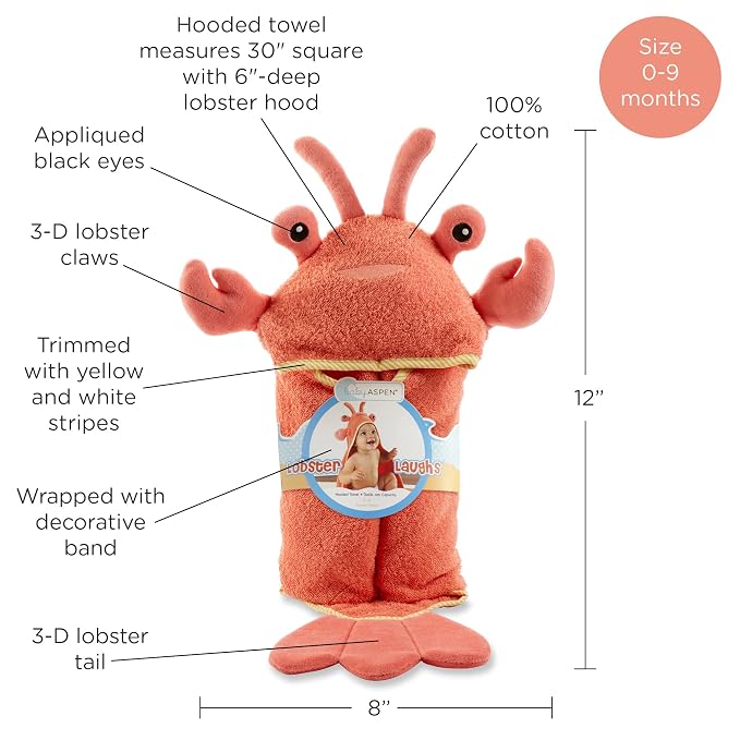 Baby Aspen Baby Boys Lobster Laughs (Updated Gift Packaging) Hooded Towel, Orange, 1 Count US