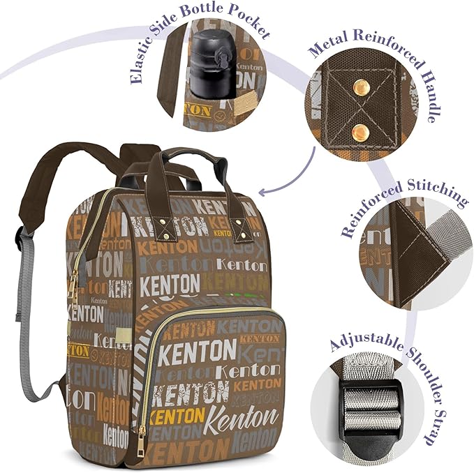 Custom Name Boy Baby Bags, Nylon Personalized Diaper Bag Backpack for Baby Boy Mom, Brown, Large Capacity, Waterproof, Multifunctional, Adjustable Shoulder Straps