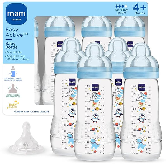 MAM Easy Active Baby Bottle 4 Pack, 11oz, BPA Free, Fast Flow Silicone Nipple, Anti-Slip Grip, Leak-Proof, 4+ Months, Blue Teal