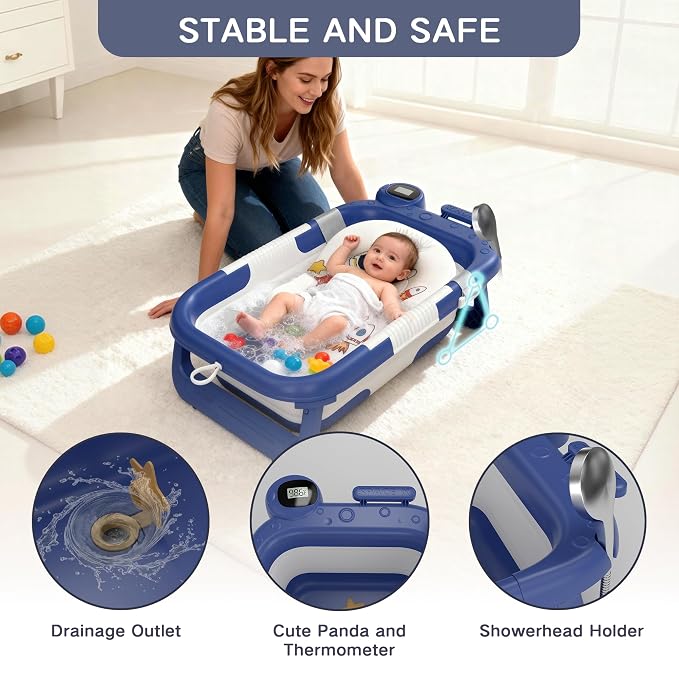 Foldable Baby Bathtub for Newborn to Toddler (0-24 Months), Portable Baby Bath Tub for Travel, Collapsible Baby Tub with Soft and Supportive Cushion (Astronaut-Blue)