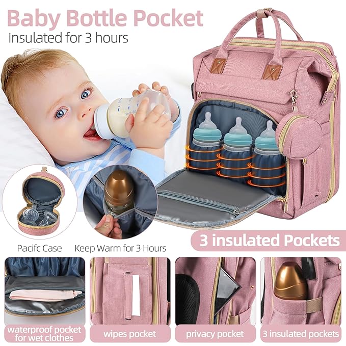 ZRSUN Diaper Bag Backpack with Portable Station & USB Port, Large Capacity Travel Baby Bag with Changing Pad, Waterproof Multi-Function Maternity Backpack for Mom & Dad (Pink)