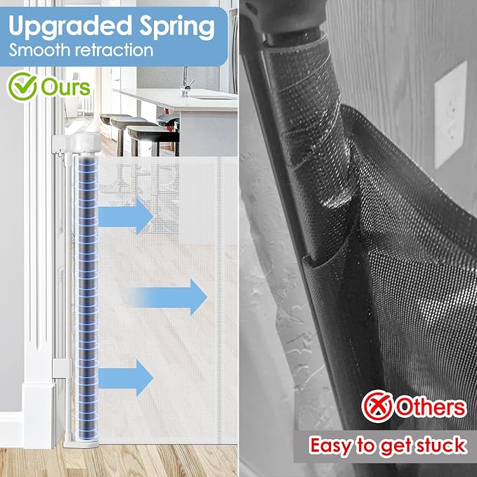 Reinforced 100 Inch Extra Wide Retractable Baby Gates with Reinforced Rods, Retractable Dog Gate Prevent Bottom Crawling Through, Mesh Pet Gate for Large Openings, White