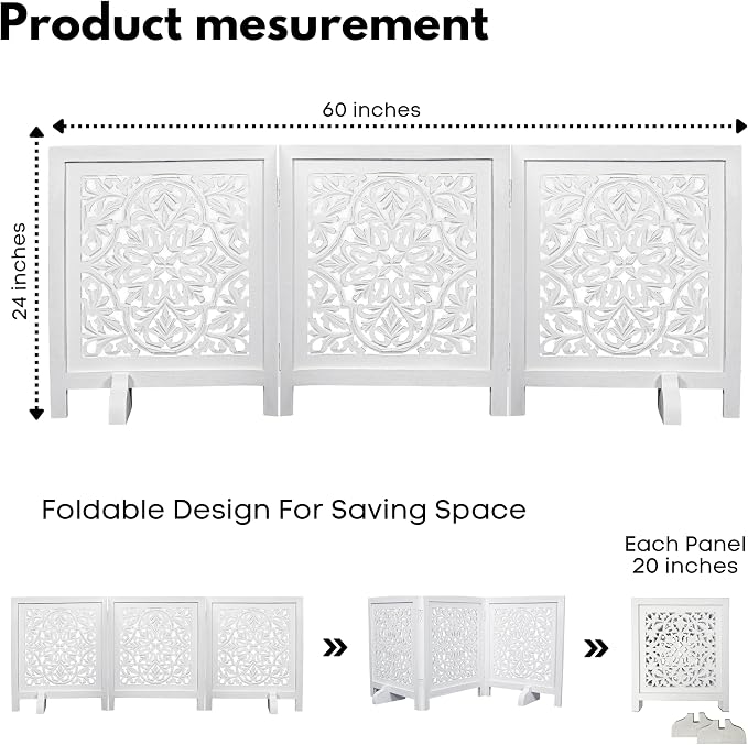 Decorative Wooden Dog Gate, Free Standing Folding Pet Fence 3 Panel, 60x24 Inch Dog Barrier for Doorway or Hallway, Daisy Design, Antique White Finish