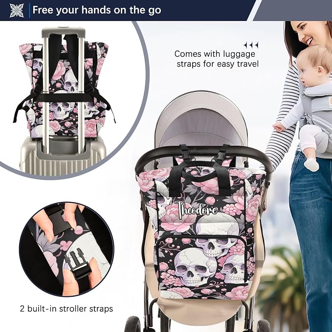 Personalized Skull Light Pink Peonies Diaper Bag Insul Large Cap Mom Dad