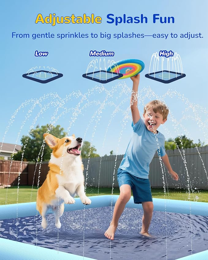 VISTOP Non-Slip Splash Pad for Kids and Dog, Thicken Sprinkler Pool Summer Outdoor Water Toys - Fun Backyard Fountain Play Mat for Baby Girls Boys Children or Pet Dog (97 * 60 inch, Blue&Blue)