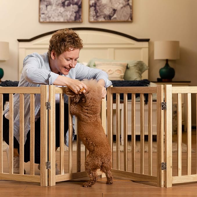 LZRS 4-Panel Wooden Free Standing Foldable Dog Gate Indoor – 24" High, Extra Wide Step-Over Safety Pet Gate for Doorways, Stairs, Hallways, Large Spaces & Playpen for Puppies Indoor Use, Natural