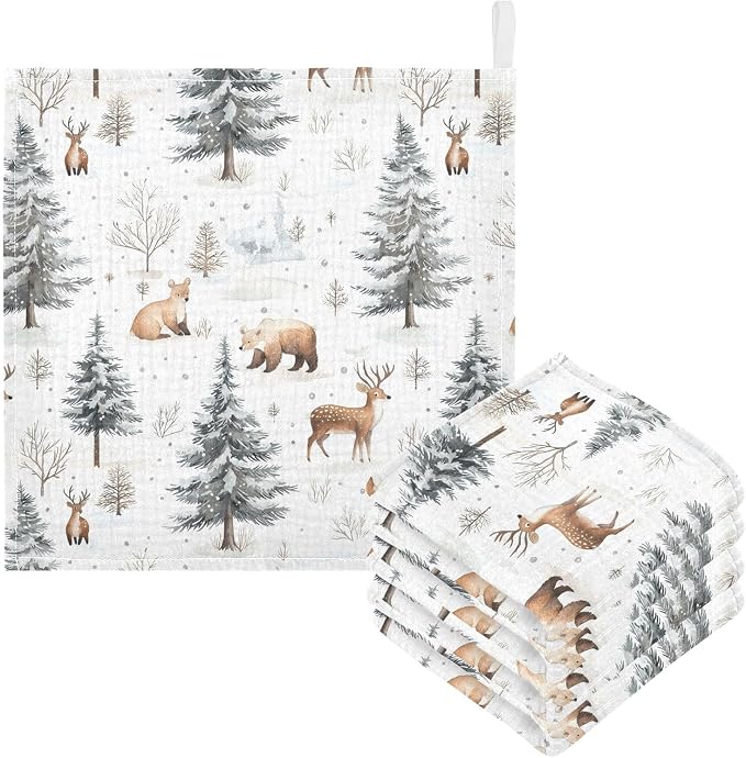 vvfelixl Winter Deer Bear Baby Burp Cloths Baby Muslin Washcloths for Boys Girls Cotton Babys Face Towel for Newborn Soft 11.8 X 11.8 in, 5 Pack