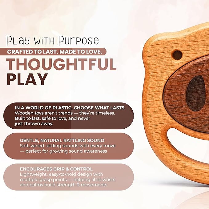First Baby Rattle for Newborn (0?? Months) ??Natural Wooden Sensory Toy for Babies ??Gentle Rattle Sound, Safe First Handheld Infant Toy Gift