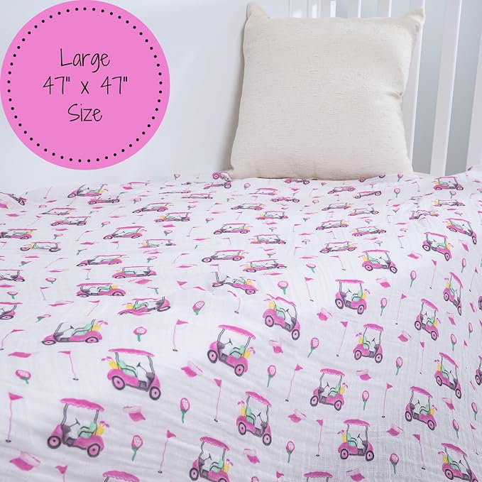 LollyBanks Muslin Swaddle Blankets 2 Pack, 100% Cotton Baby Blanket for Girls, Soft and Breathable 47 x 47 Inches Newborn Receiving Blanket, Newborn Essentials Must Haves (Pink Golf and Pink)