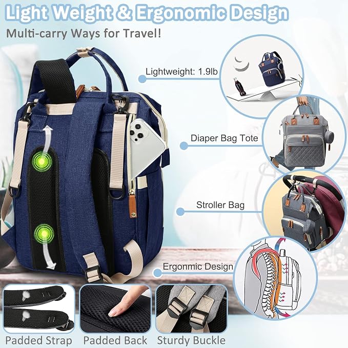 Black Diaper Bag Backpack, Multifunctional Waterproof Mommy Bag with Changing Pad, USB Port, Stroller Straps, Large Capacity Baby Travel Bag (blue)