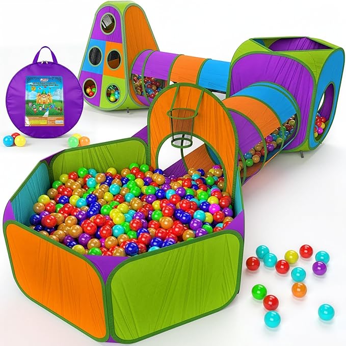 Playz 5-Piece Kids Pop up Play Tent Crawl Tunnel and Ball Pit with Basketball Hoop Playhouse for Boys, Girls, Babies, and Toddlers (Purple, Orange, Yellow, Red, Blue)