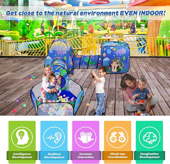 Gift 5PC Dinosaur Kids Play Tent with Ball Pit, Crawl Tunnel, Toddlers Playhouse Castle Toys, Baby Boys Girls Gift for 3 4 5 6 7 Years Old, Outdoor Indoor(Balls Not Included