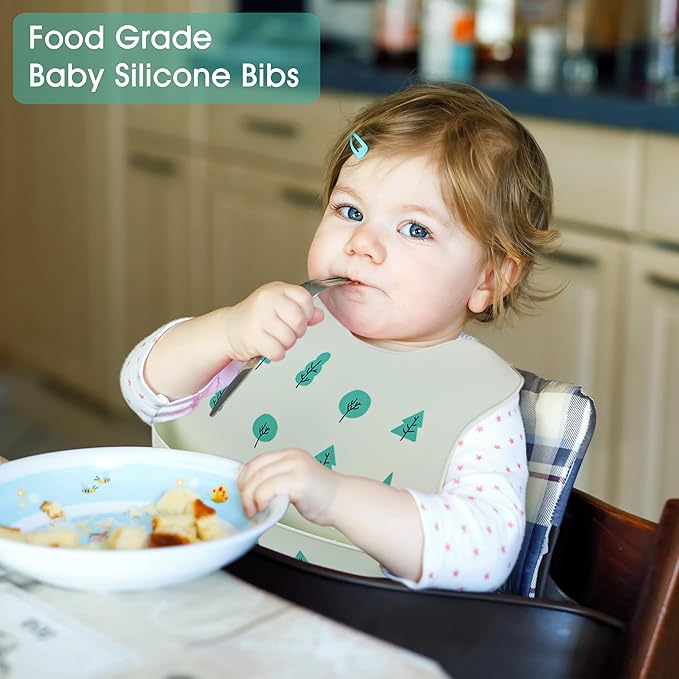 2 Pack Silicone Baby Bibs Adjustable Fit Waterproof Bib With Leak Proof Food Pouch Catcher for Eating Boys Girls