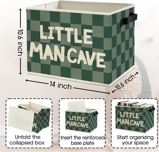 Little Man Cave Boys Storage Bins Box with Handles, Green Checkered Pattern Collapsible Basket Organizer for Kids Boys Playroom Nursery Room Bedroom Bathroom Toys Books Clothes